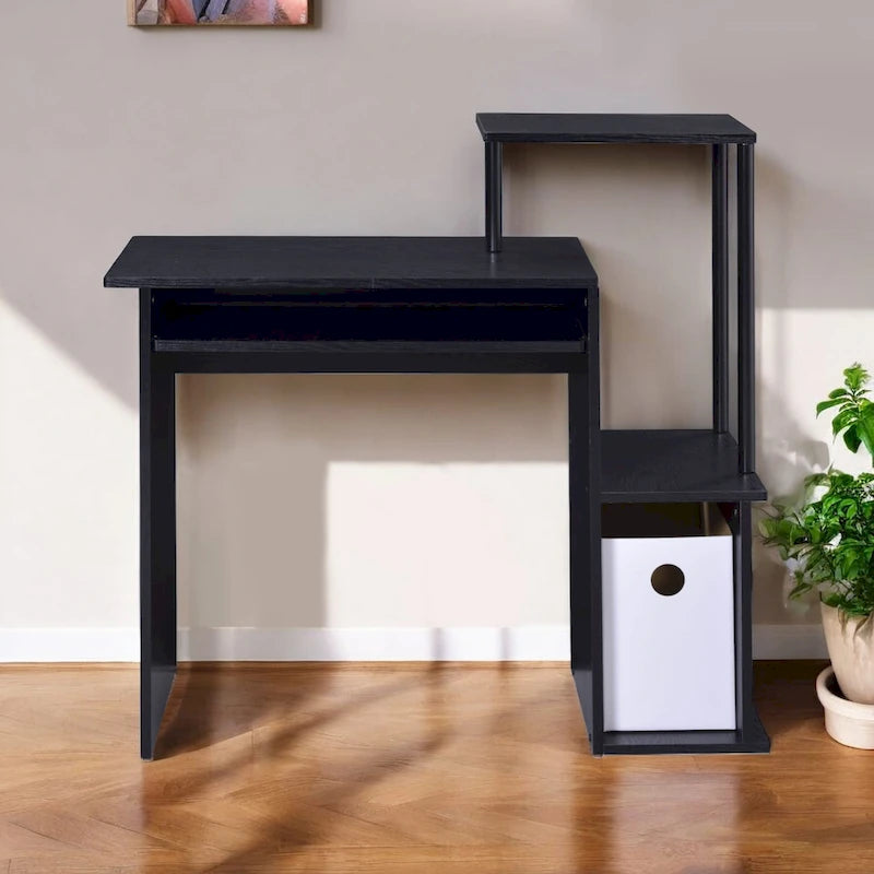 Bureau d'ordinateur noir de 37 pouces avec tiroir pour clavier et étagères de rangement