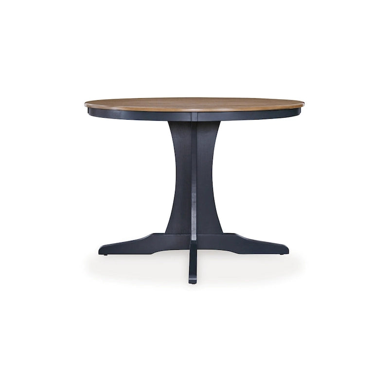 Round Dining Table, 42 Inch Brown Wood Top, Dark Blue Pedestal Base