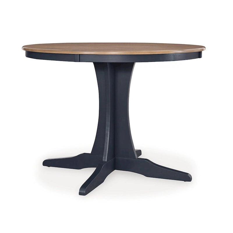 Round Dining Table, 42 Inch Brown Wood Top, Dark Blue Pedestal Base