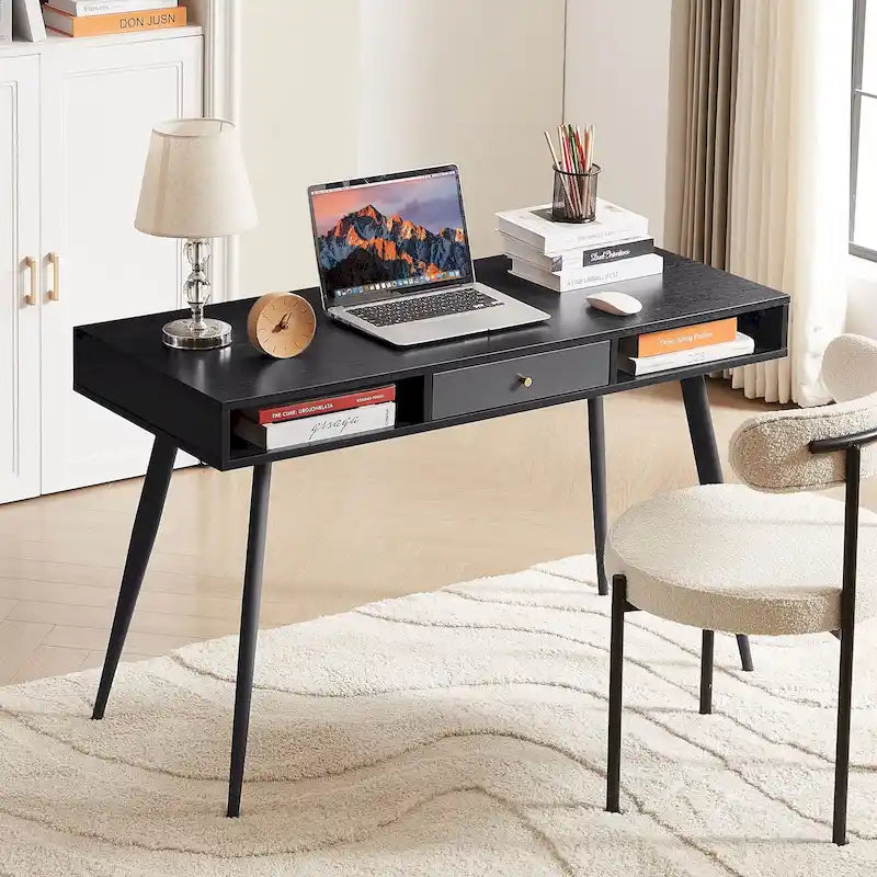 Mid-Century Modern Writing Desk with USB Ports, Power Outlet and Storage Drawers