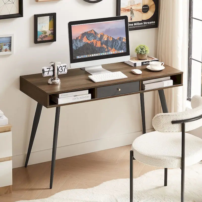 Mid-Century Modern Writing Desk with USB Ports, Power Outlet and Storage Drawers