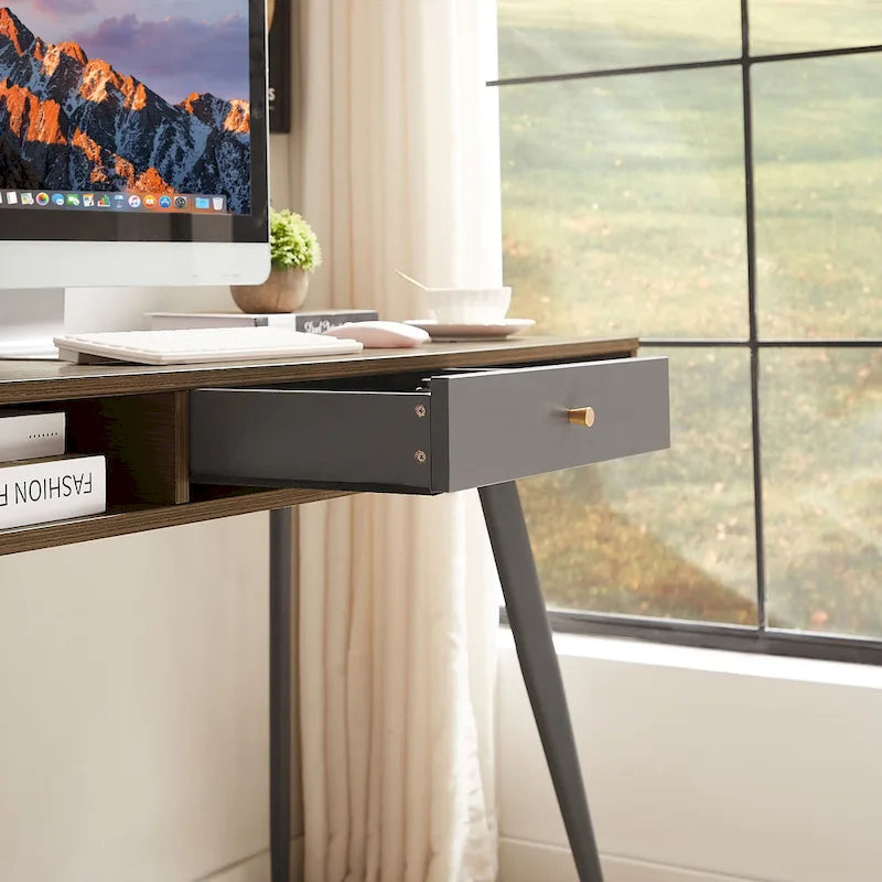 Bureau de style Mid-Century Modern avec ports USB, prise électrique et tiroirs de rangement