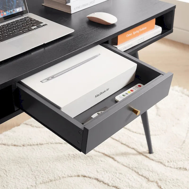 Bureau de style Mid-Century Modern avec ports USB, prise électrique et tiroirs de rangement