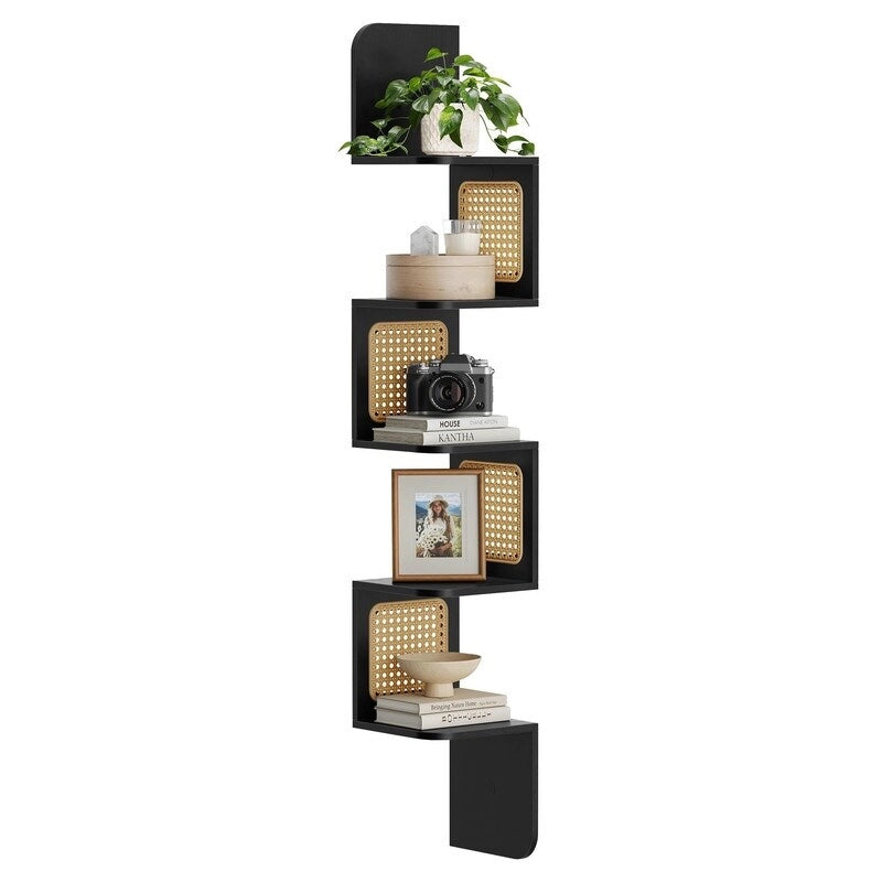 5-Tier Floating Corner Shelf Boho Rattan Wall Display Unit