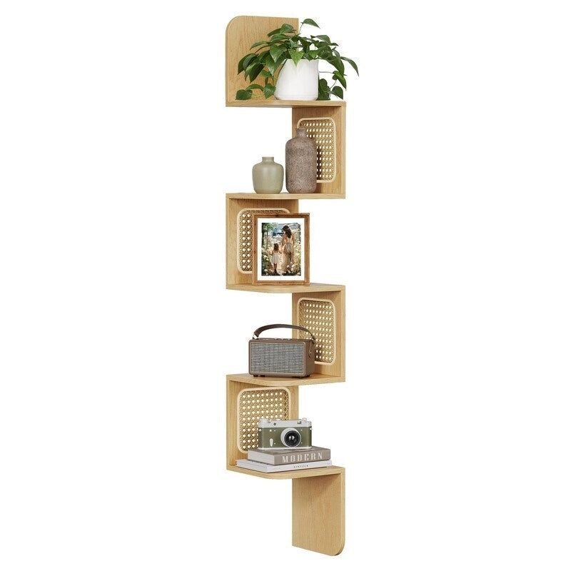 5-Tier Floating Corner Shelf Boho Rattan Wall Display Unit