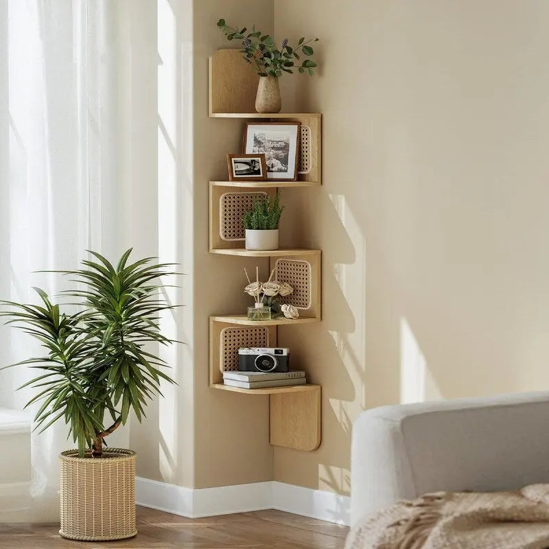 5-Tier Floating Corner Shelf Boho Rattan Wall Display Unit