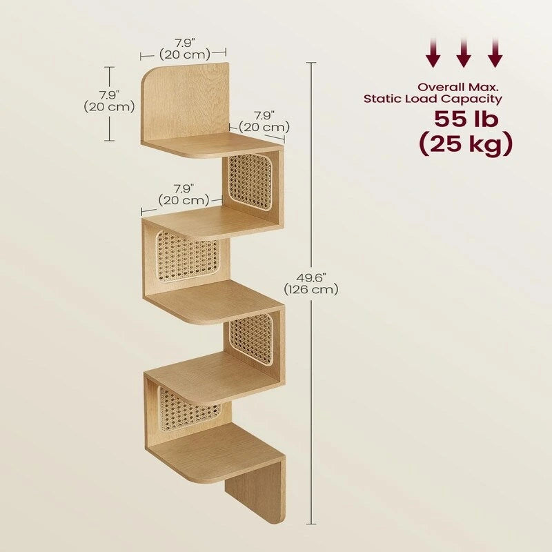 5-Tier Floating Corner Shelf Boho Rattan Wall Display Unit