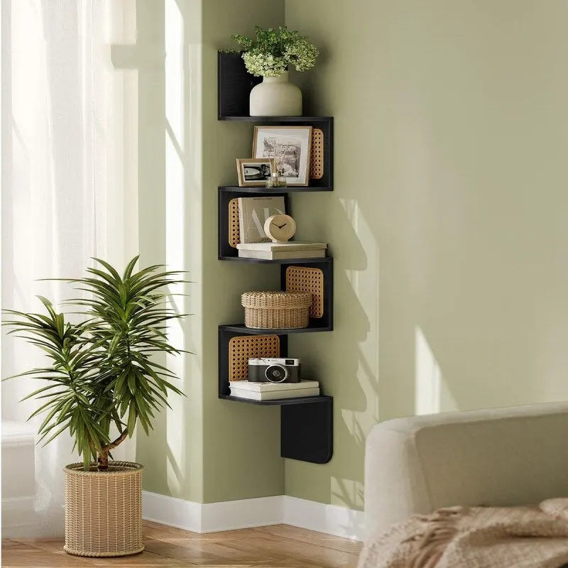5-Tier Floating Corner Shelf Boho Rattan Wall Display Unit