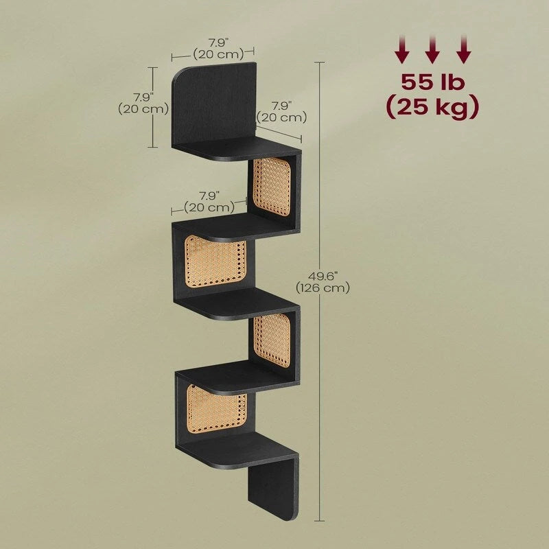 5-Tier Floating Corner Shelf Boho Rattan Wall Display Unit