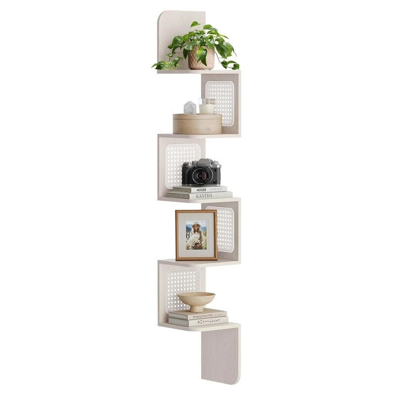 5-Tier Floating Corner Shelf Boho Rattan Wall Display Unit