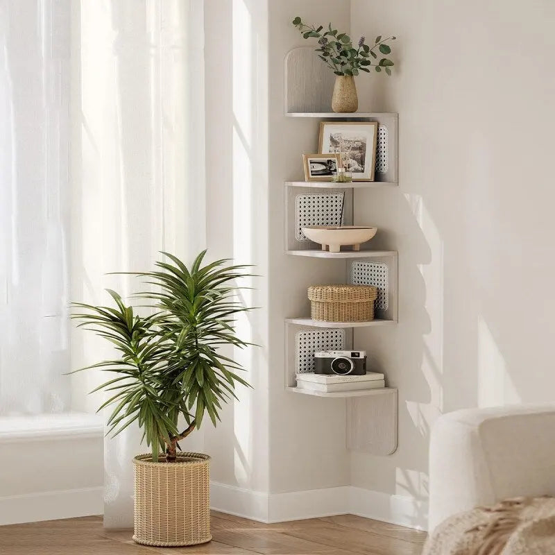 5-Tier Floating Corner Shelf Boho Rattan Wall Display Unit