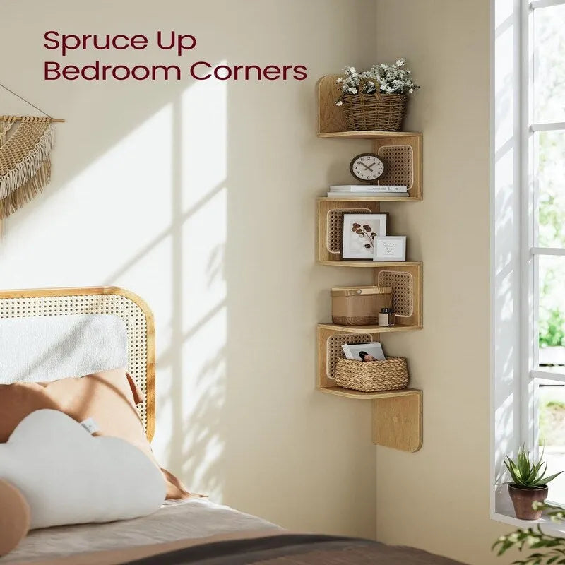 5-Tier Floating Corner Shelf Boho Rattan Wall Display Unit