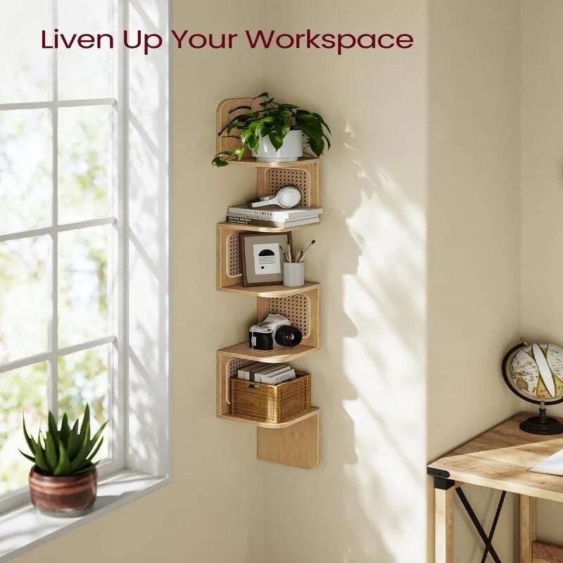 5-Tier Floating Corner Shelf Boho Rattan Wall Display Unit