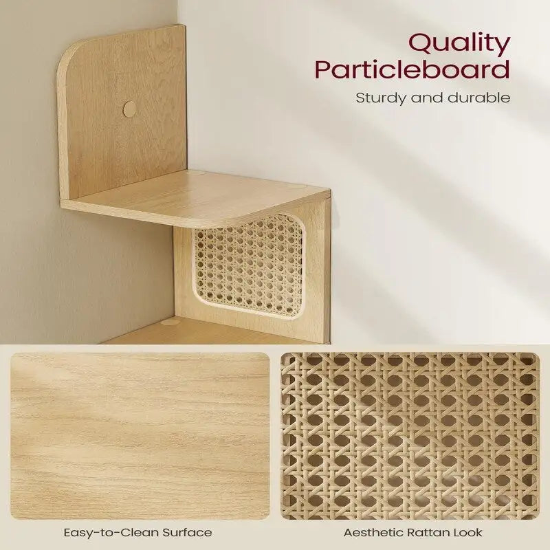 5-Tier Floating Corner Shelf Boho Rattan Wall Display Unit