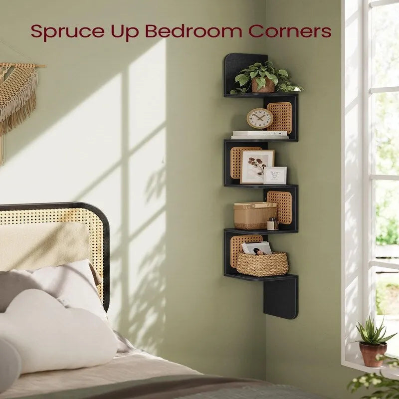 5-Tier Floating Corner Shelf Boho Rattan Wall Display Unit