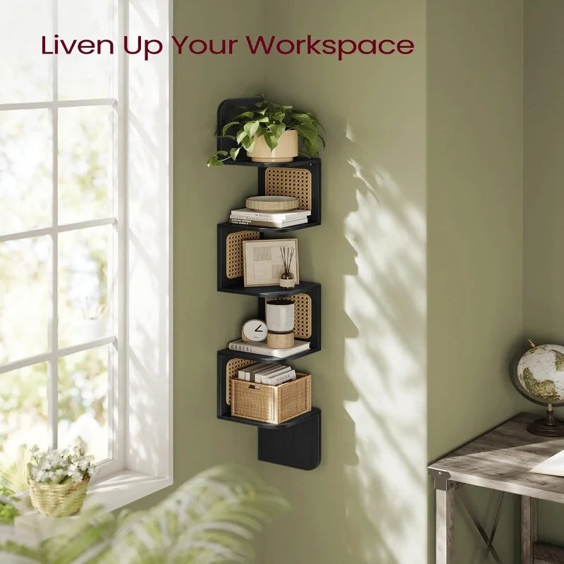 5-Tier Floating Corner Shelf Boho Rattan Wall Display Unit