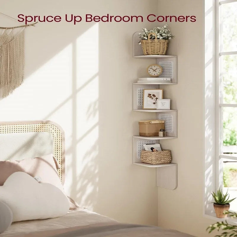 5-Tier Floating Corner Shelf Boho Rattan Wall Display Unit