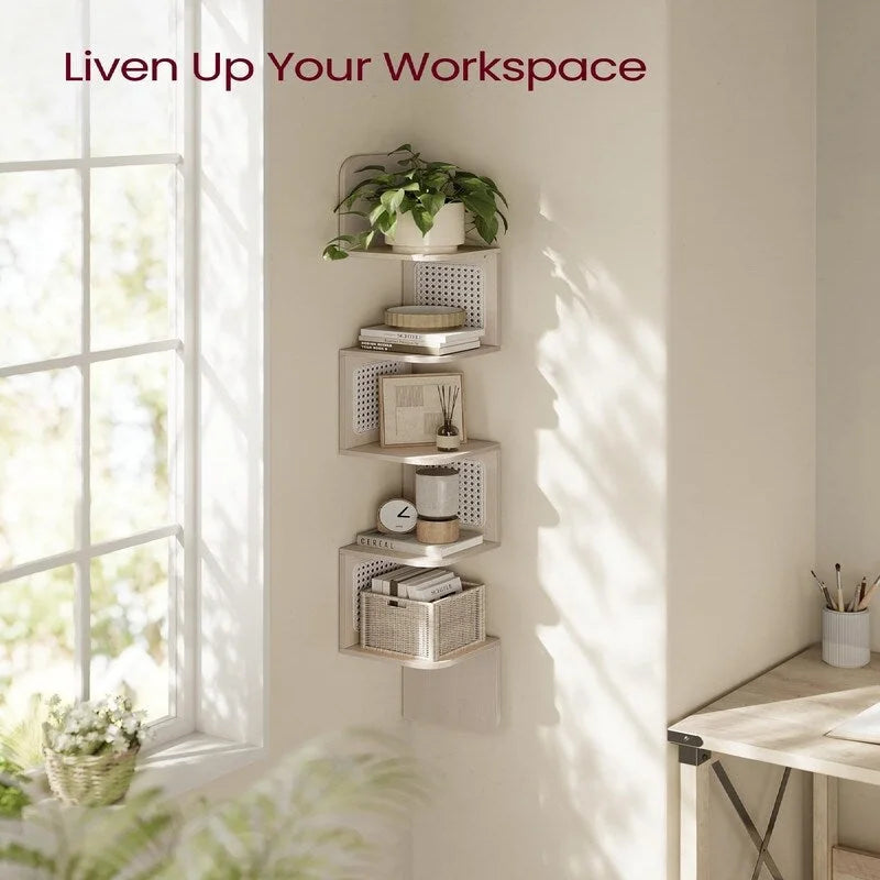 5-Tier Floating Corner Shelf Boho Rattan Wall Display Unit