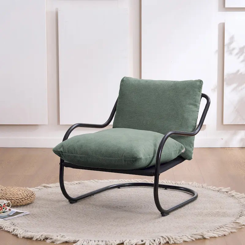 Modern Curved Accent Chair with Linen Upholstery Metal Frame Cushions