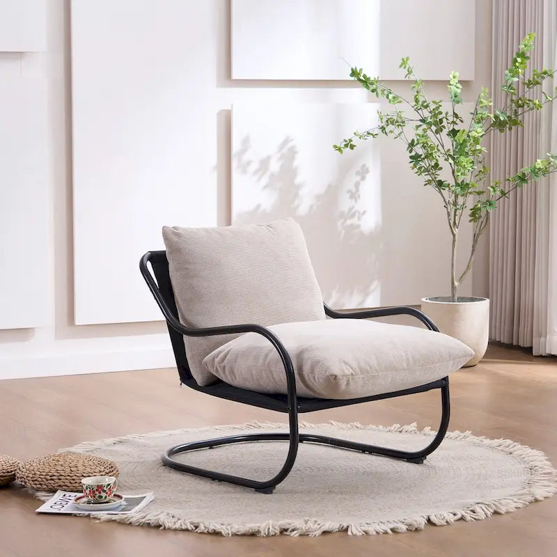 Modern Curved Accent Chair with Linen Upholstery Metal Frame Cushions