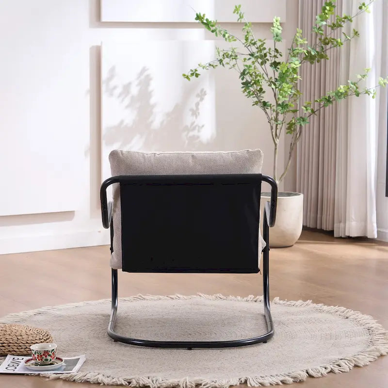 Modern Curved Accent Chair with Linen Upholstery Metal Frame Cushions
