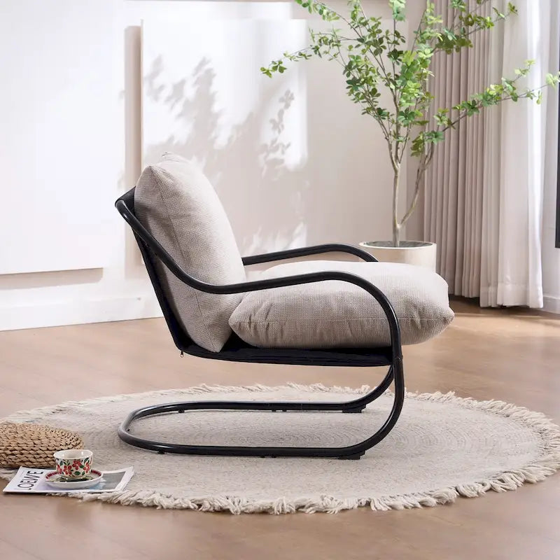 Modern Curved Accent Chair with Linen Upholstery Metal Frame Cushions