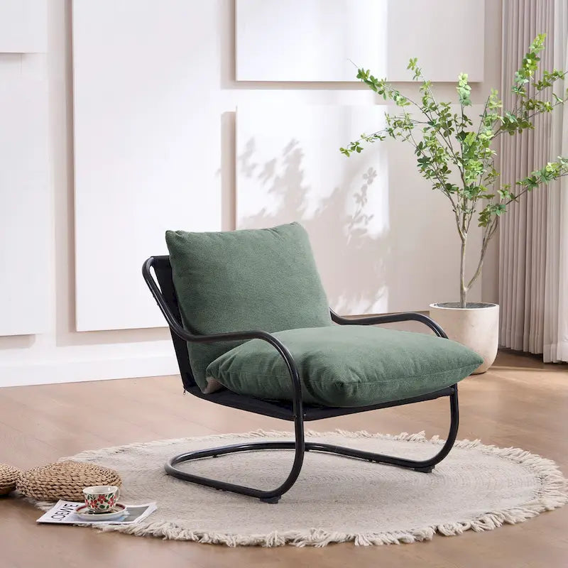 Fauteuil d'appoint incurvé moderne avec revêtement en lin, cadre en métal et coussins