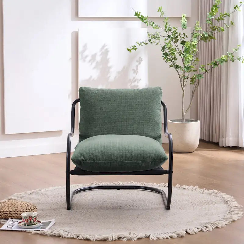 Fauteuil d'appoint incurvé moderne avec revêtement en lin, cadre en métal et coussins