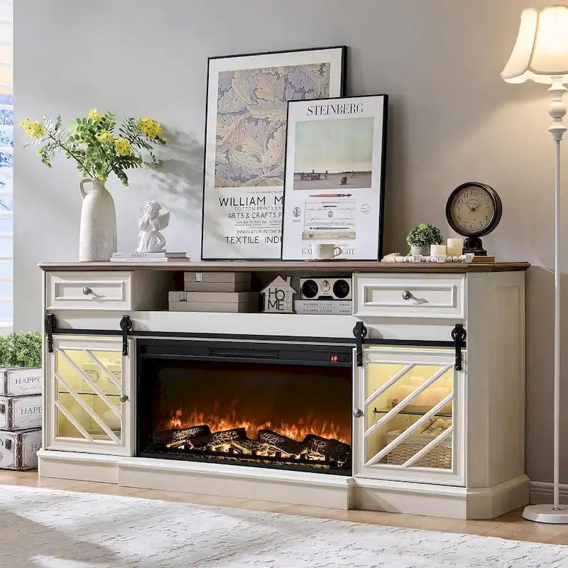 Meuble TV de cheminée de style ferme pour téléviseur de 85 pouces, centre de divertissement