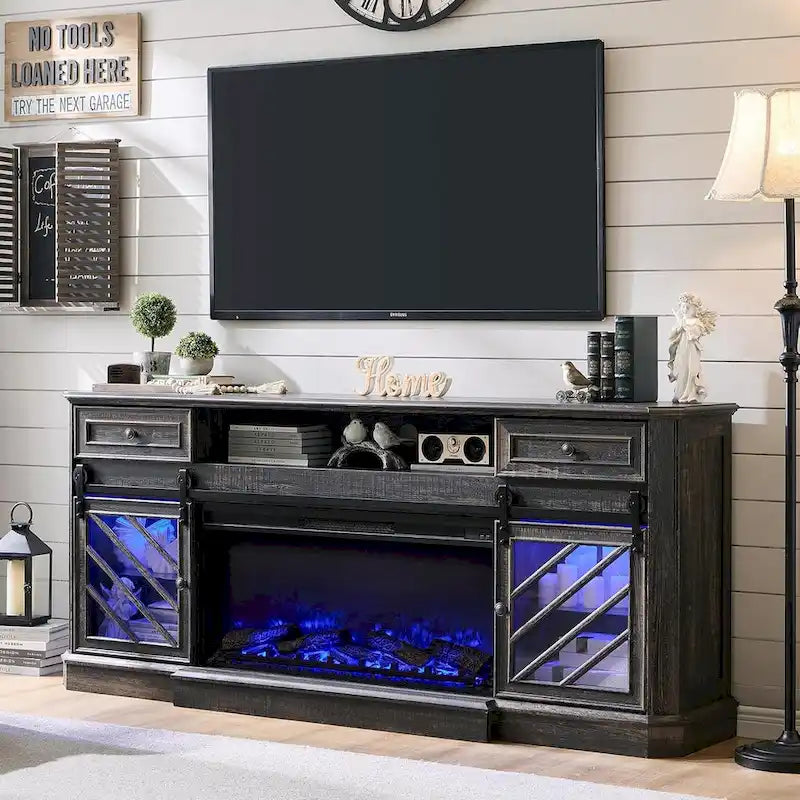 Meuble TV de cheminée de style ferme pour téléviseur de 85 pouces, centre de divertissement