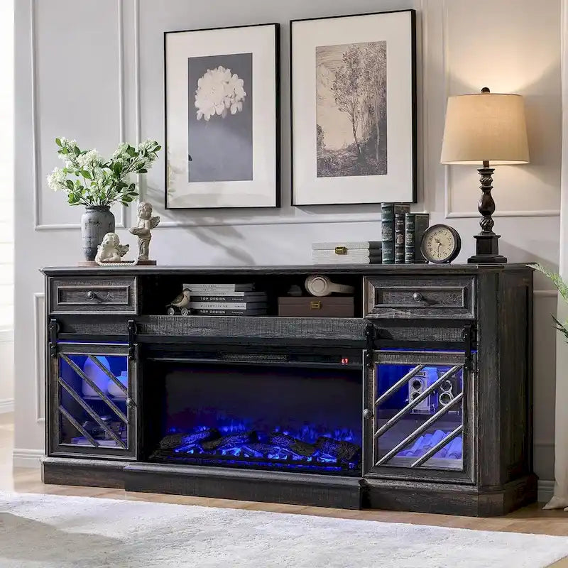 Meuble TV de cheminée de style ferme pour téléviseur de 85 pouces, centre de divertissement