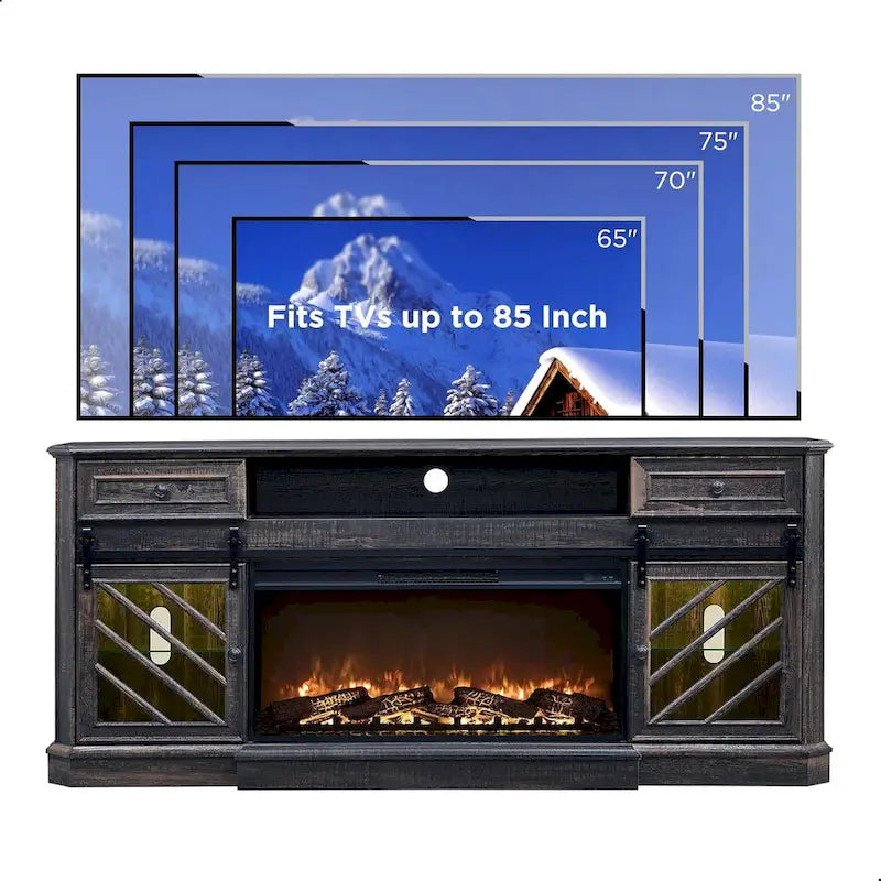 Meuble TV de cheminée de style ferme pour téléviseur de 85 pouces, centre de divertissement