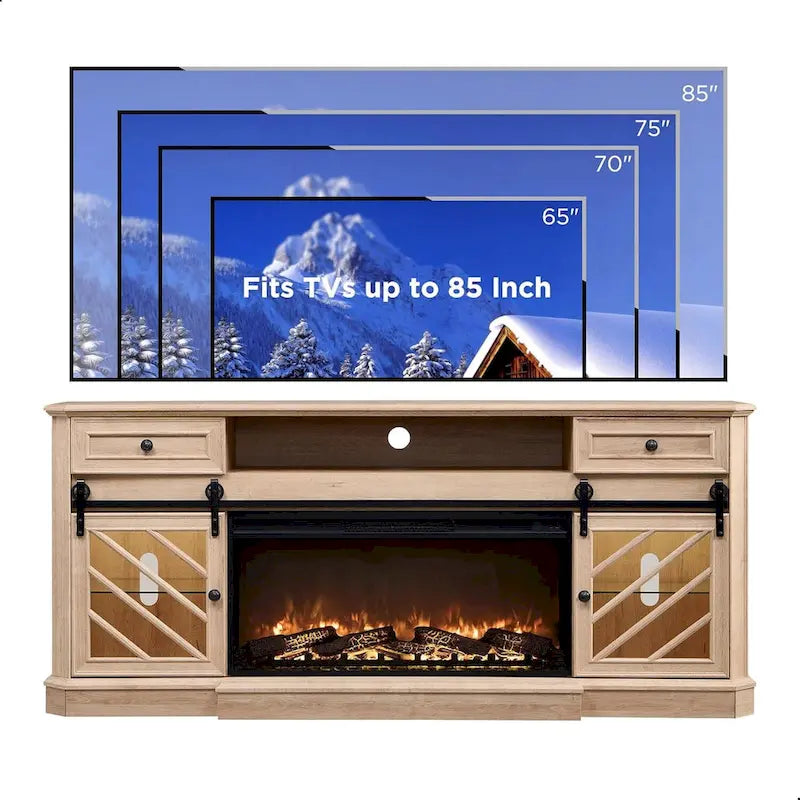 Meuble TV de cheminée de style ferme pour téléviseur de 85 pouces, centre de divertissement