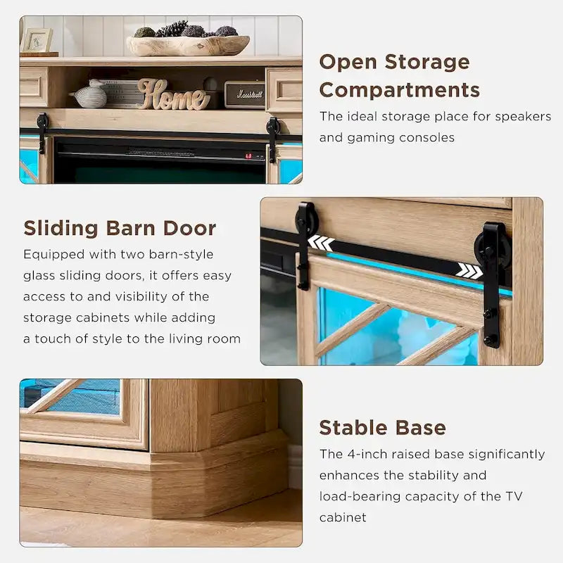 Meuble TV de cheminée de style ferme pour téléviseur de 85 pouces, centre de divertissement