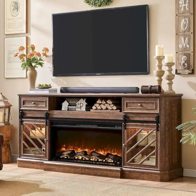 Meuble TV de cheminée de style ferme pour téléviseur de 85 pouces, centre de divertissement