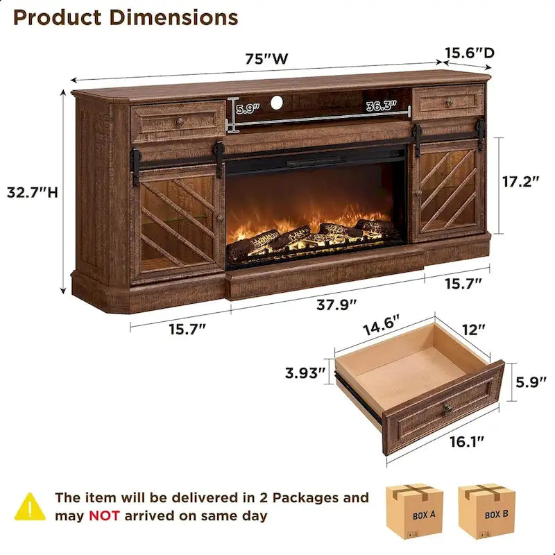 Meuble TV de cheminée de style ferme pour téléviseur de 85 pouces, centre de divertissement