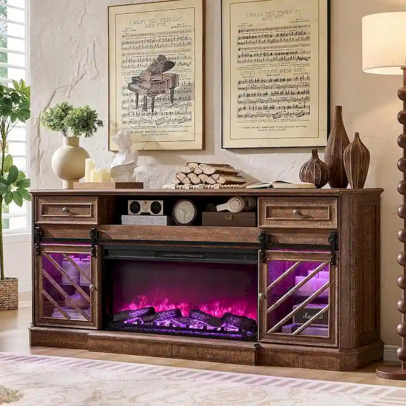 Meuble TV de cheminée de style ferme pour téléviseur de 85 pouces, centre de divertissement