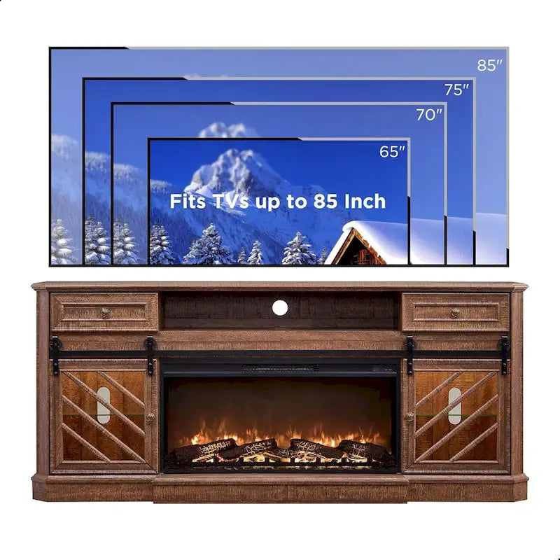 Meuble TV de cheminée de style ferme pour téléviseur de 85 pouces, centre de divertissement