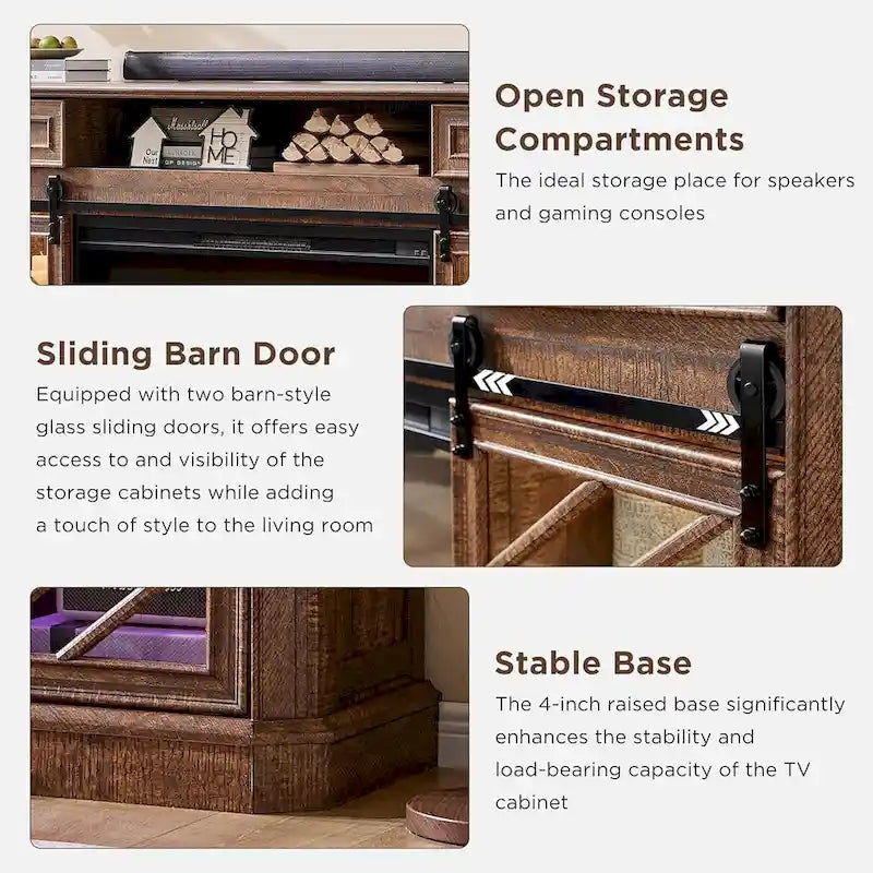 Meuble TV de cheminée de style ferme pour téléviseur de 85 pouces, centre de divertissement
