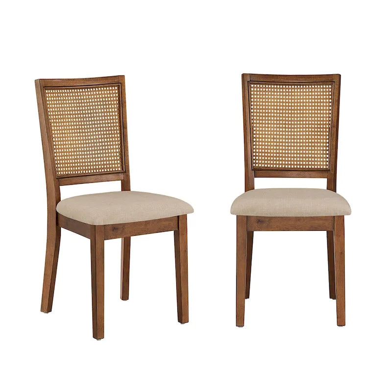 Beige Linen Rattan Back Dining Chair with Distressed Wood Frame