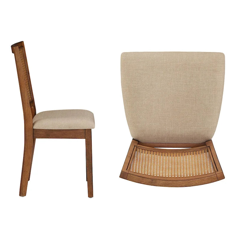 Beige Linen Rattan Back Dining Chair with Distressed Wood Frame