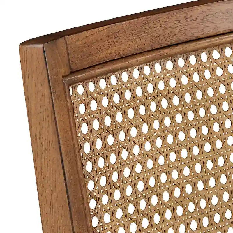 Beige Linen Rattan Back Dining Chair with Distressed Wood Frame