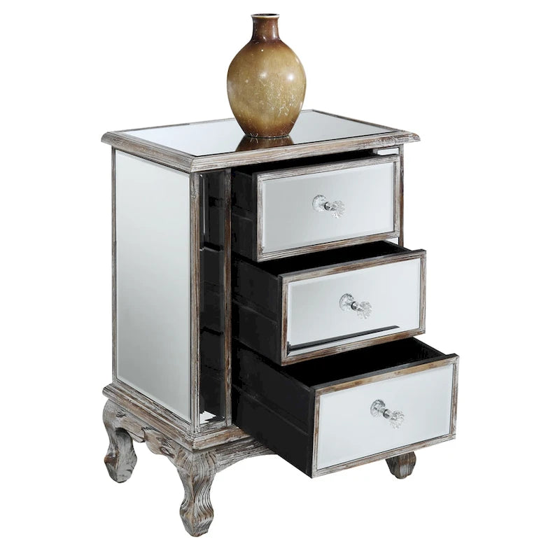 Mirrored 3 Drawer End Table with Faux Crystal Knobs Cabriole Legs
