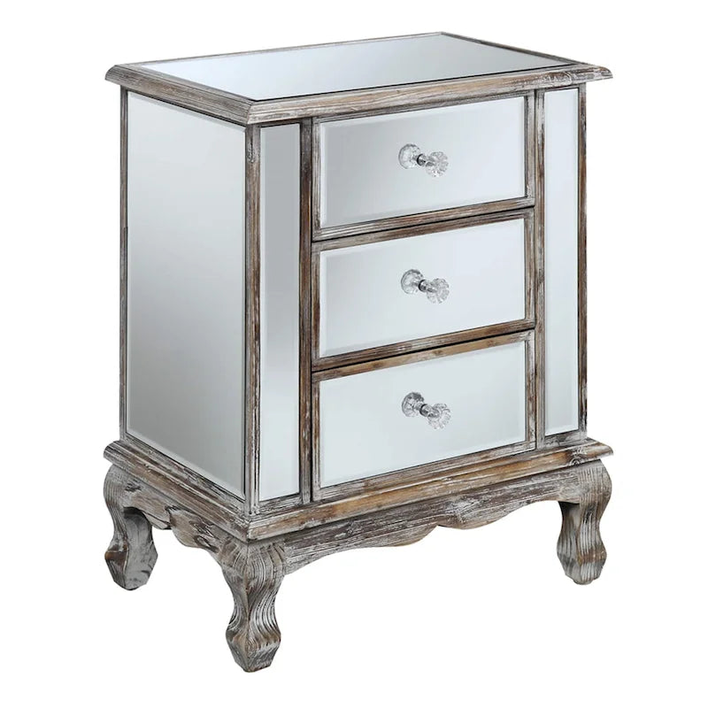Mirrored 3 Drawer End Table with Faux Crystal Knobs Cabriole Legs