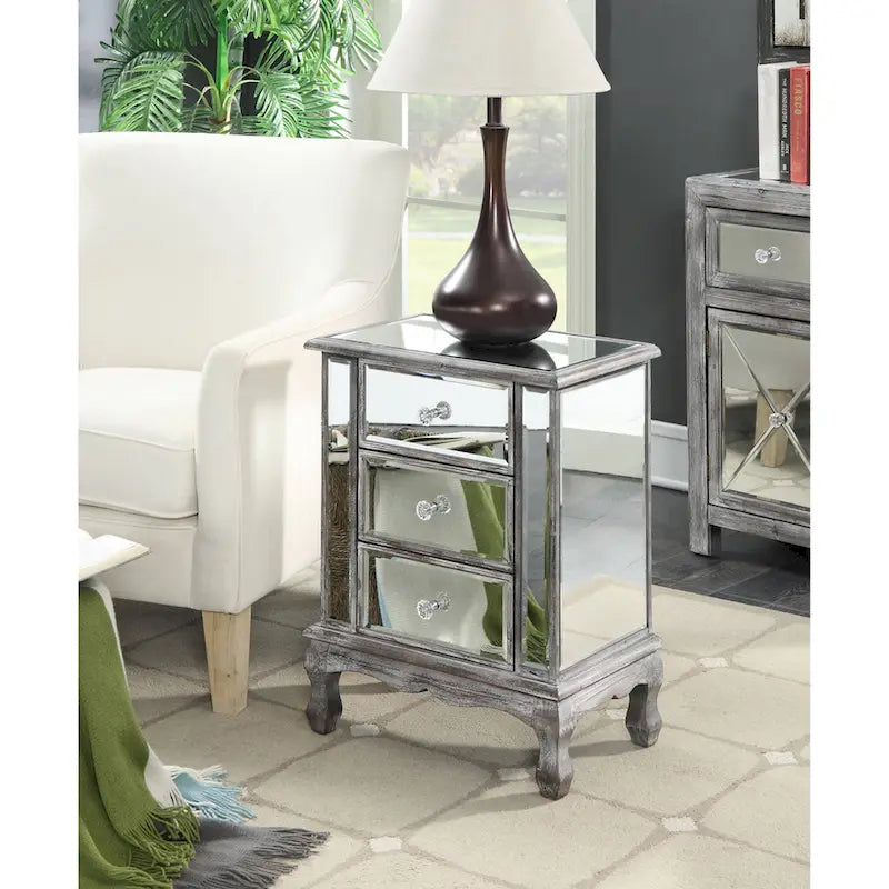 Mirrored 3 Drawer End Table with Faux Crystal Knobs Cabriole Legs