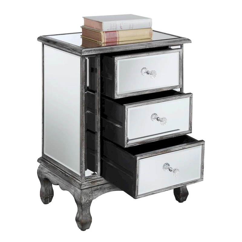 Mirrored 3 Drawer End Table with Faux Crystal Knobs Cabriole Legs