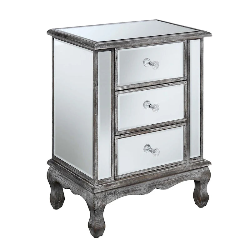 Mirrored 3 Drawer End Table with Faux Crystal Knobs Cabriole Legs