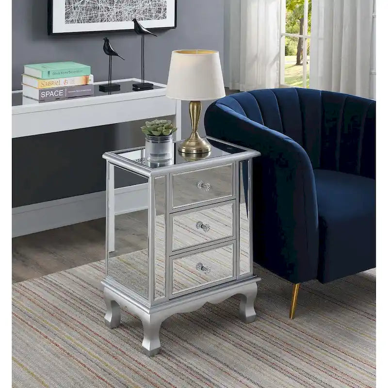 Mirrored 3 Drawer End Table with Faux Crystal Knobs Cabriole Legs