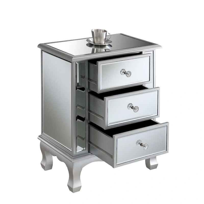 Mirrored 3 Drawer End Table with Faux Crystal Knobs Cabriole Legs