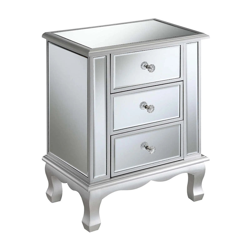 Mirrored 3 Drawer End Table with Faux Crystal Knobs Cabriole Legs